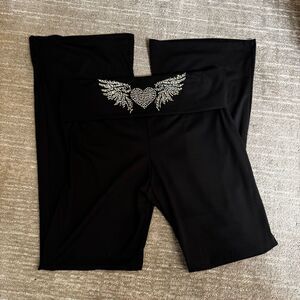 Vintage 2000s Y2K Inspired Black Iridescent Rhinestone Foldover Flare Legging XL